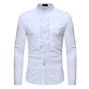 The Francois Ruffled Mandarin Collar Tuxedo Shirt - Multiple Colors WD Styles White S 