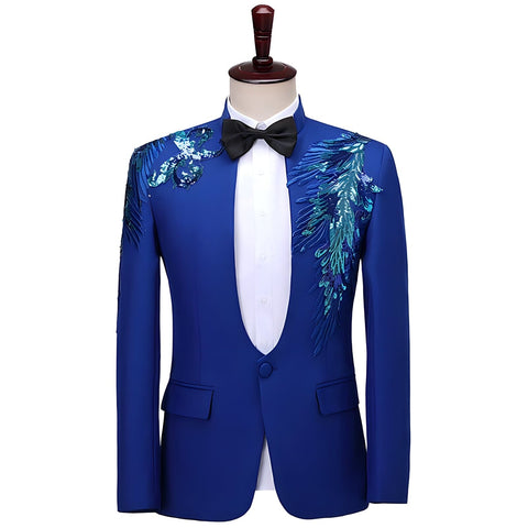 The Sequin Feather Slim Fit Blazer Tuxedo Jacket - Multiple Colors WD Styles Blue XXS 