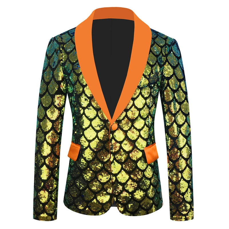 The Sleek Slim Fit Fishscale Velvet One Button Sequin Suit - Multiple Colors WD Styles Gold Blue XXS 