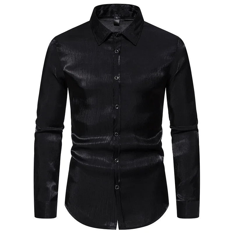 The Fabian Satin Sleek Men's Long Sleeve Silk Shirt WD Styles Black S 